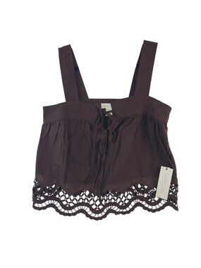 NEW Rachel Zoe Brown Lace Hem Linen Blend Cropped Tank Top S